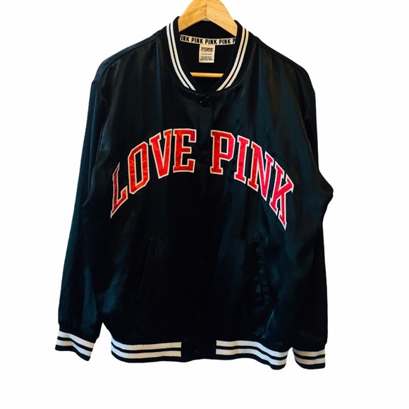 PINK Black Satin Bomber Jacket Coat Love Pink Logo - Picture 6 of 14